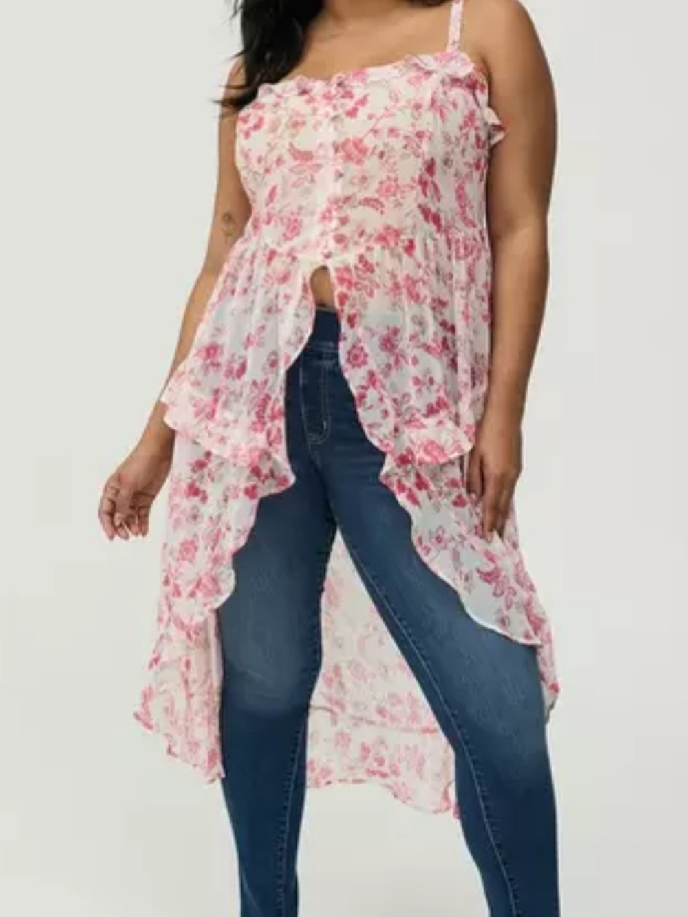 Button Front Floral Tunic Top High Low